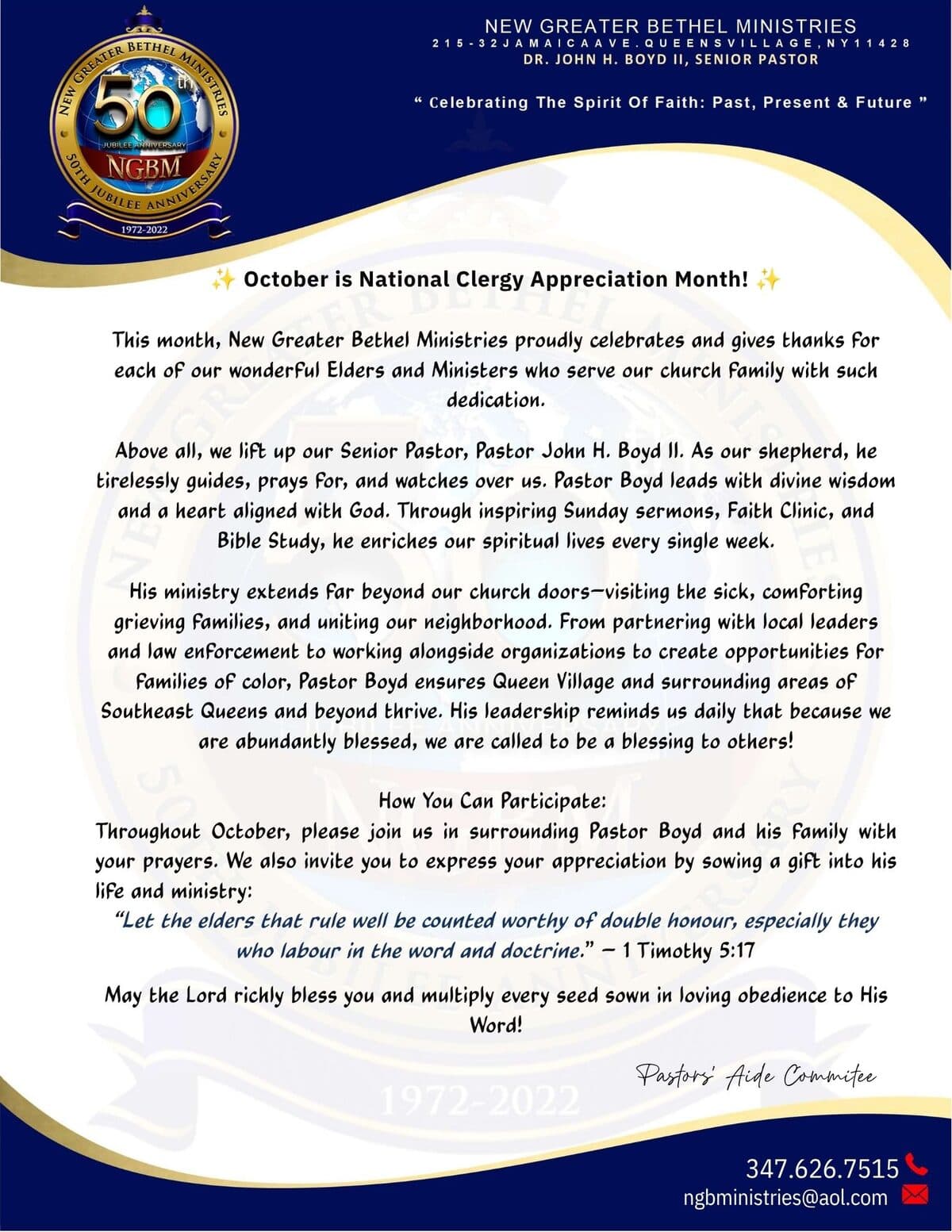 Memo from NGBM's Pastors' Aide Committee on Clergy Appreciation Month
