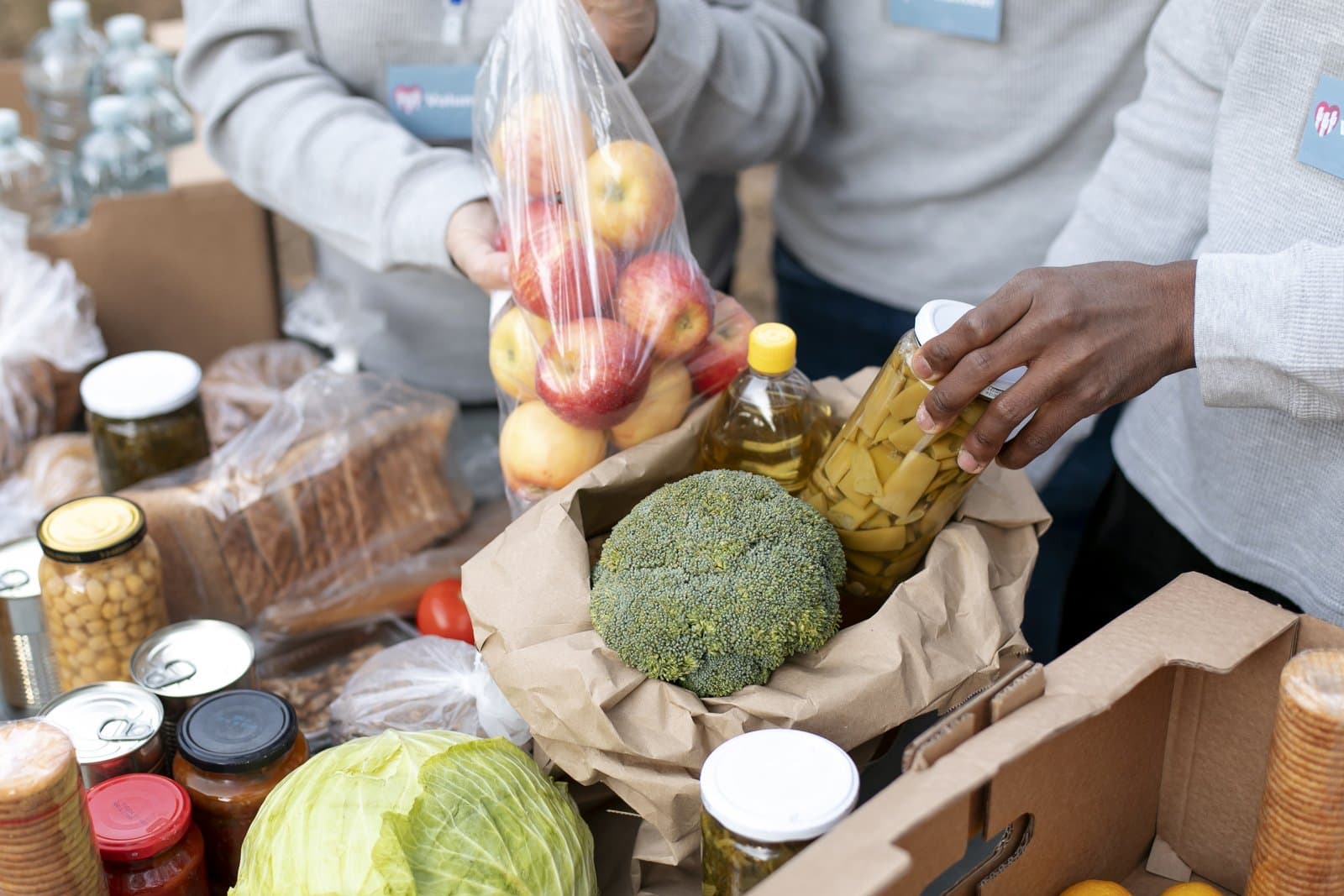Fresh produce and pantry staples ready for an NGBM food distribution