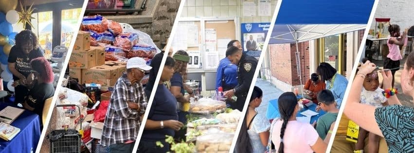 Collage of NGBM's food pantry, community outreach, and giving ministries