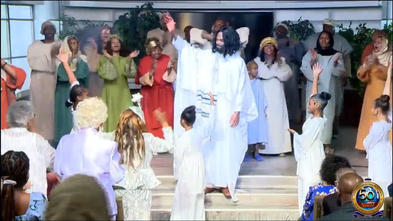 NGBM members and children in a praise drama presentation